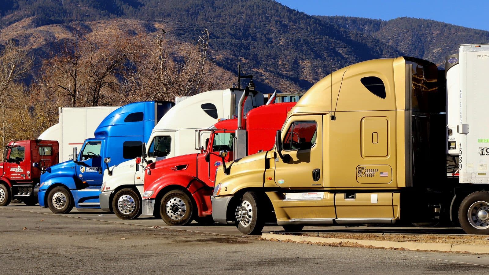 A row of tractor units parked side by side at a yard
